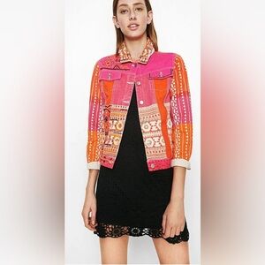 Rare Desigual Jean Jacket Phoenix Sequin Southwest Edgy size 46/L